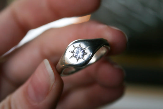 Size 8 | Sand Casted Signet, White Sapphire