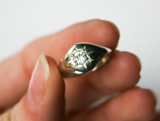 Size 4.5 | Sand Casted Signet, White Sapphire